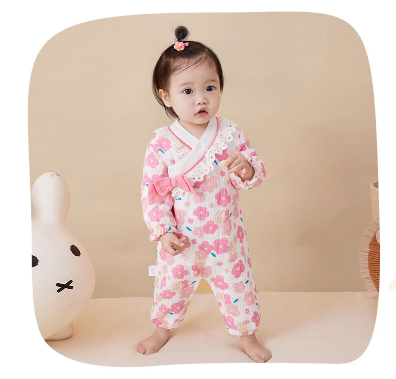 Baby Girls Flower Bow Print Jumpsuits Wholesale 221221287