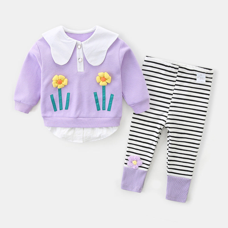 2 Pieces Set Baby Kid Girls Flower Tops And Striped Pants Wholesale 221221288