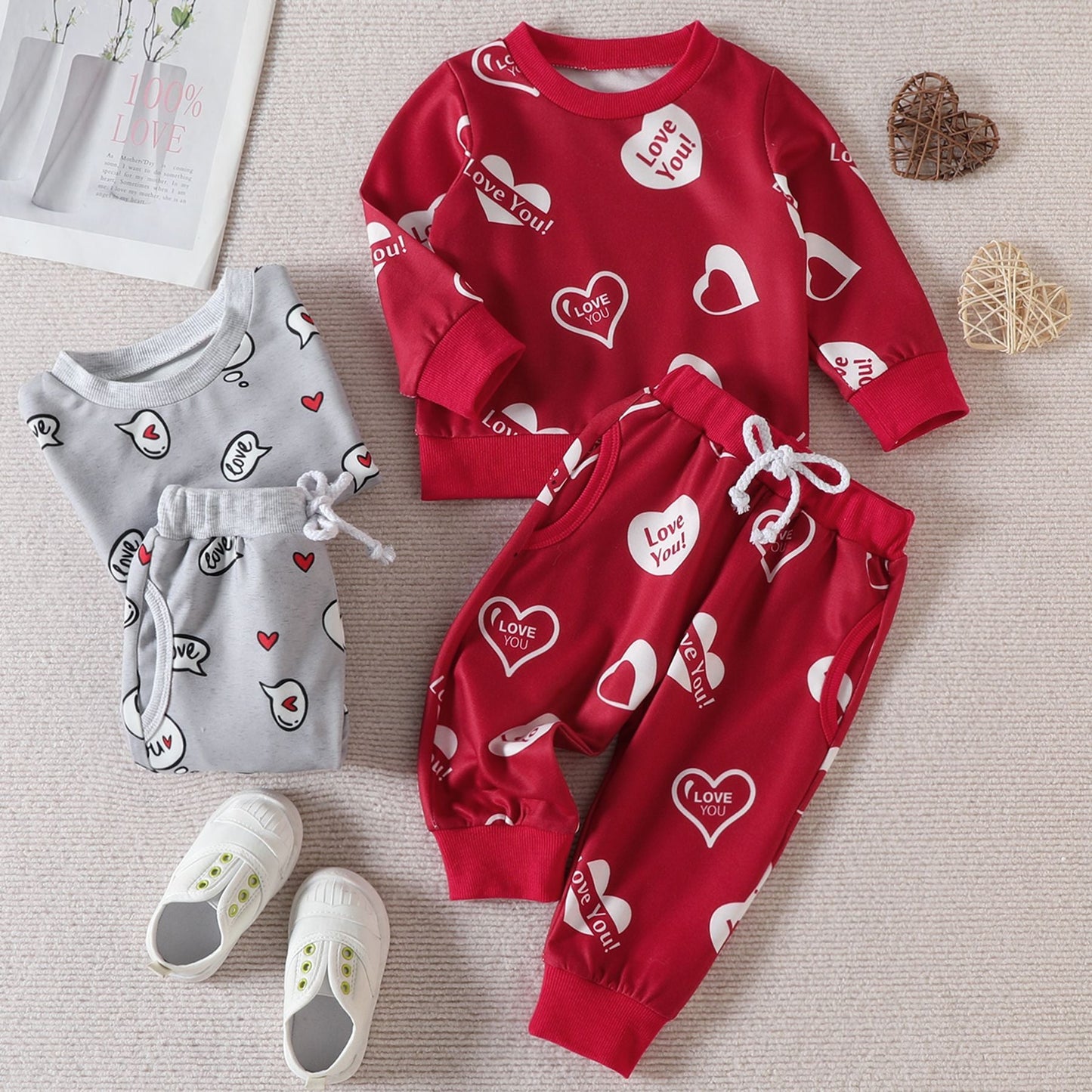 2 Pieces Set Baby Kid Unisex Valentine's Day Letters Love heart Print Hoodies Swearshirts And Ribbon Pants Wholesale 221226250