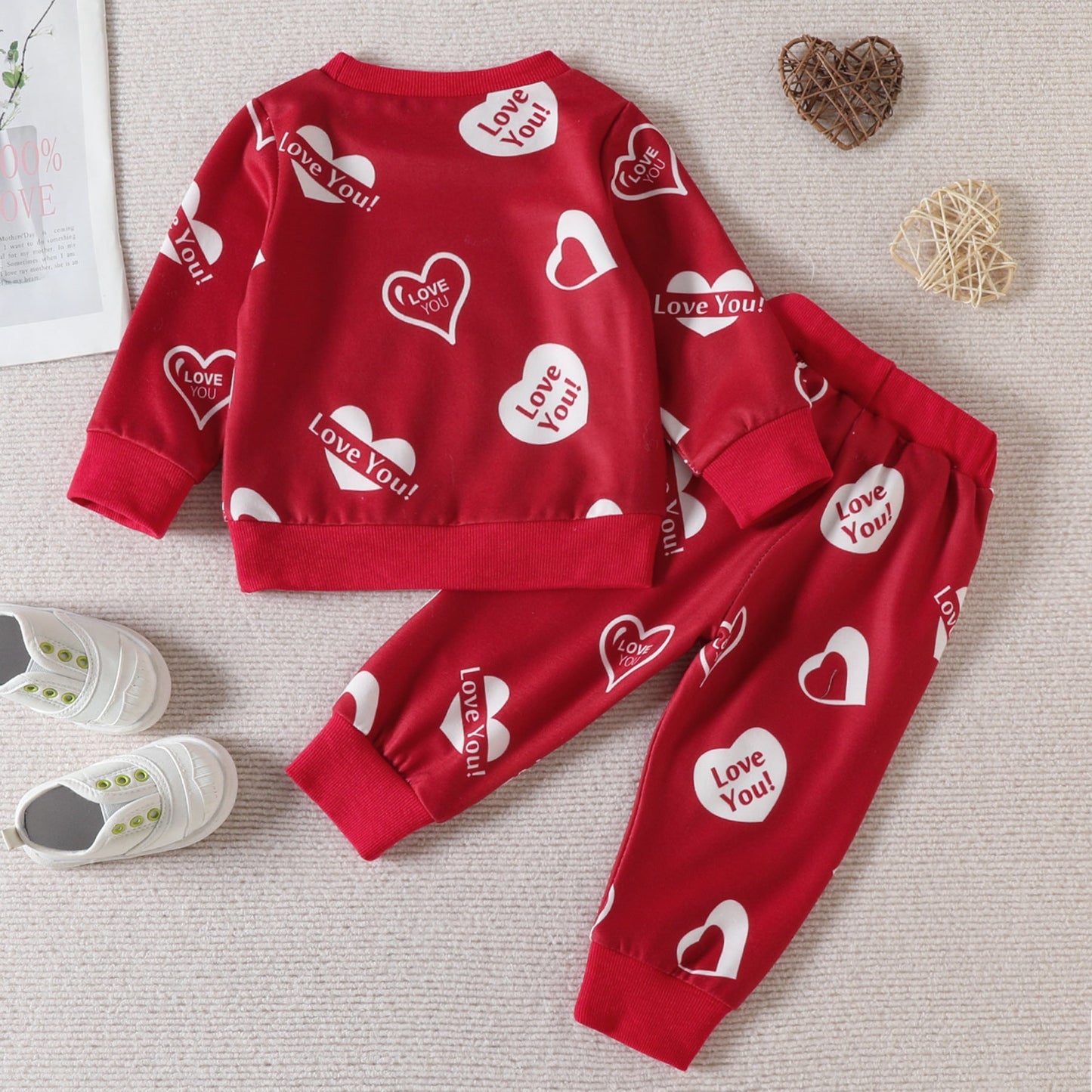 2 Pieces Set Baby Kid Unisex Valentine's Day Letters Love heart Print Hoodies Swearshirts And Ribbon Pants Wholesale 221226250