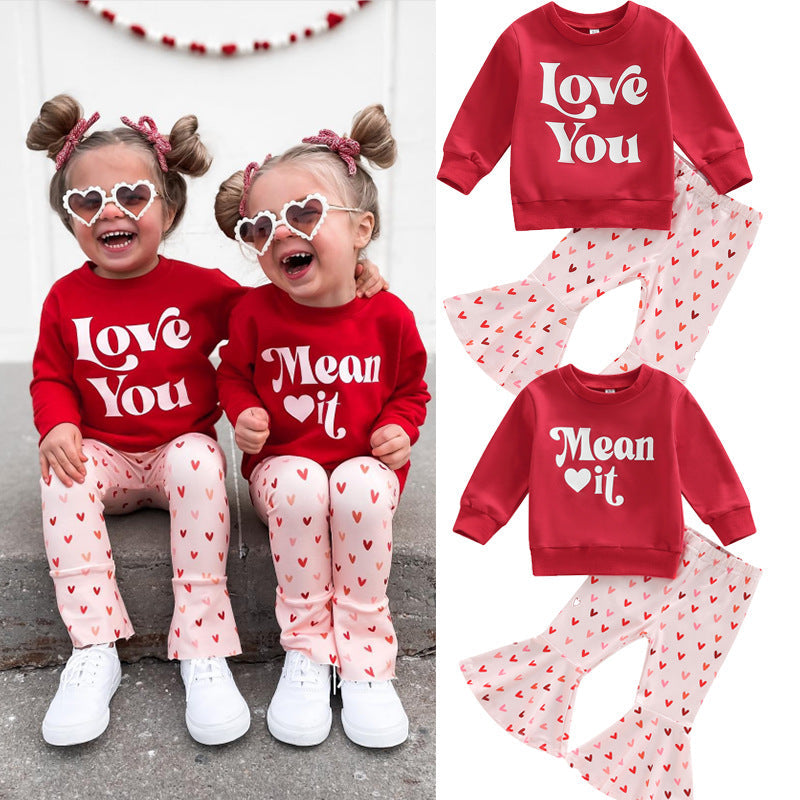 2 Pieces Set Baby Kid Girls Letters Hoodies Swearshirts And Love heart Print Pants Wholesale 221226252