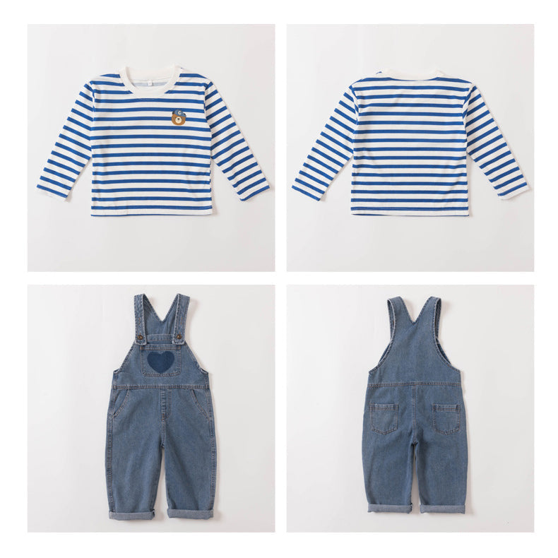 2 Pieces Set Baby Kid Girls Striped Cartoon Embroidered Print Tops And Love heart Jumpsuits Wholesale 221227190