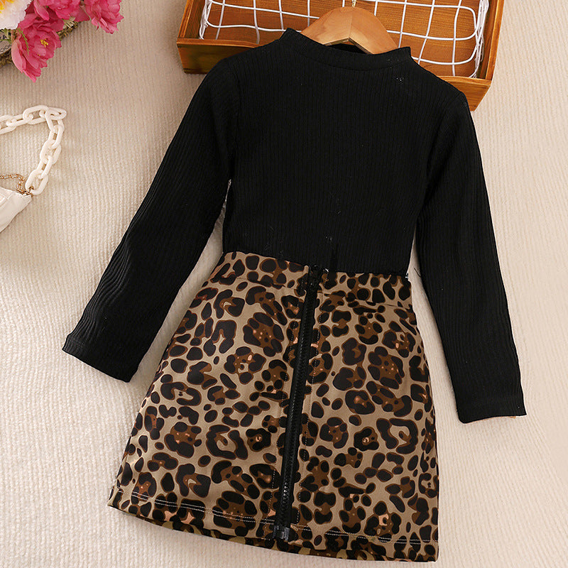 2 Pieces Set Baby Kid Girls Solid Color Tops And Leopard Skirts Wholesale 22122746