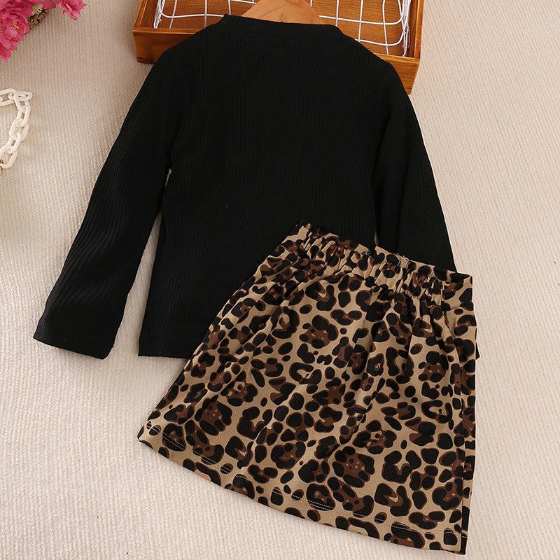 2 Pieces Set Baby Kid Girls Solid Color Tops And Leopard Skirts Wholesale 22122746