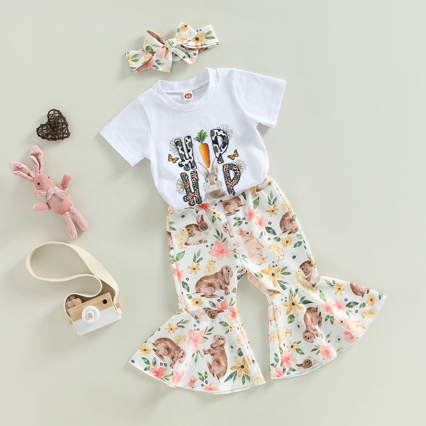 3 Pieces Set Baby Kid Girls Letters Cartoon Print T-Shirts And Flower Pants And Bow Headwear Wholesale 221229731