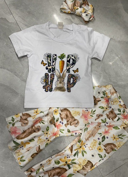 3 Pieces Set Baby Kid Girls Letters Cartoon Print T-Shirts And Flower Pants And Bow Headwear Wholesale 221229731