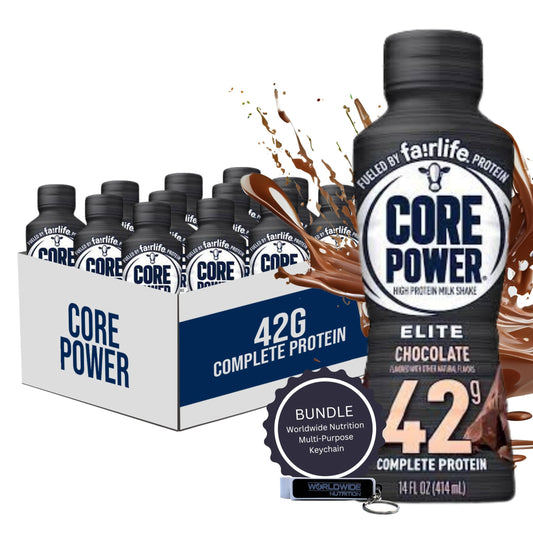 Worldwide Nutrition Bundle: Fairlife Core Power Elite 42g High Protein Milk Shake - Kosher, Chocolate Protein Shake for Workout Recovery - 14 Fl Oz (Pack of 12)