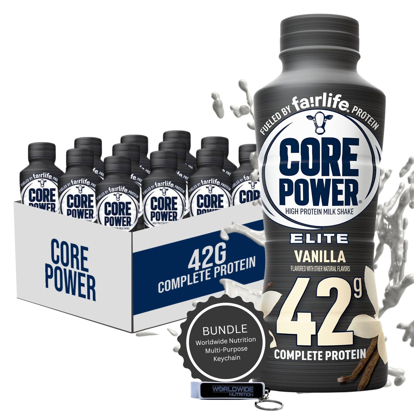 Worldwide Nutrition Bundle: Fairlife Core Power Elite 42g High Protein Milk Shake - Kosher, Chocolate Protein Shake for Workout Recovery - 14 Fl Oz (Pack of 12)